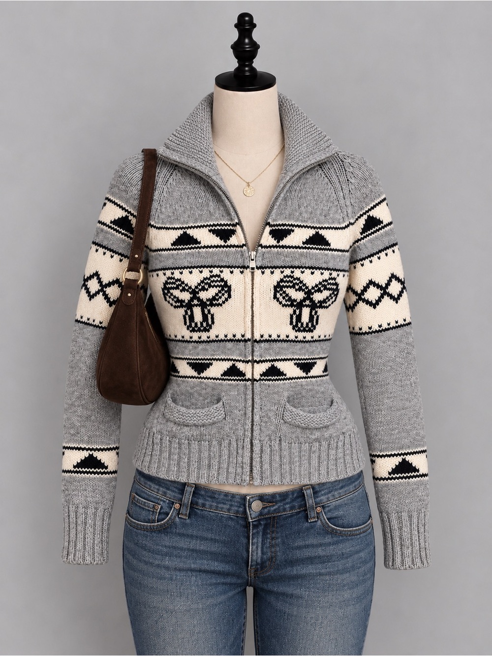 TNA Aritzia Sea to Sky 100% Lambswool Cowichan Zip Sweater Grey Small